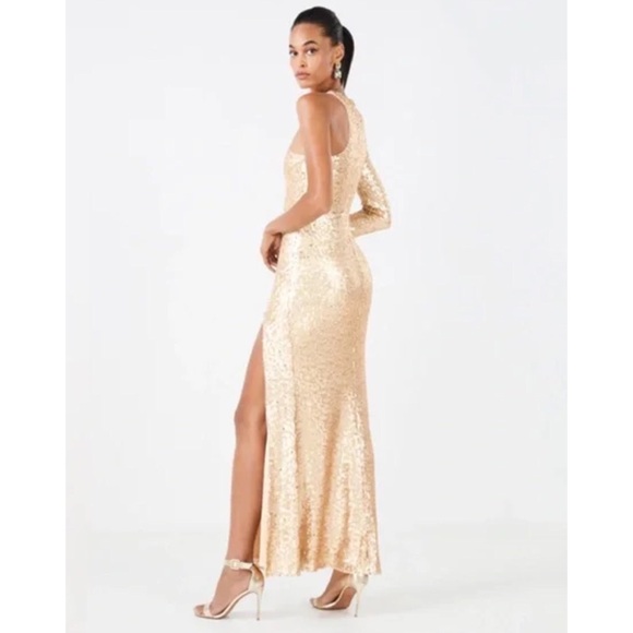 BCBG max azria one shoulder gold gown with slit - Picture 2 of 5